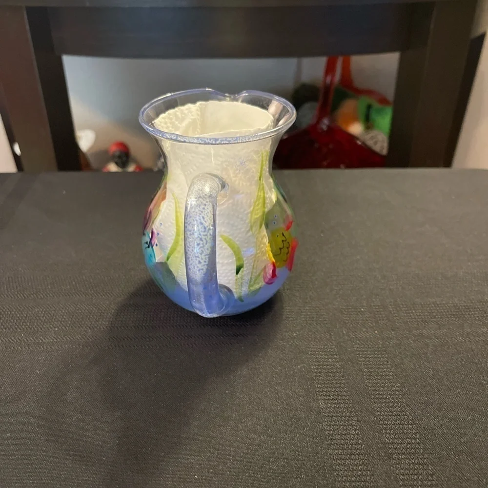 Small Hand Painted Blown Glass Pitcher Applied Handle Creamer W/Tropical Fish.